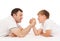 Father and son in arm-wrestling competition
