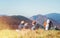 Father with son backpackers hikers resting on mountain hill and enjoying Low Tatras landscape with their beagle dog. Mountain