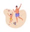 Father and son at beach. Cartoon man and child play with ball on sand. People wave hands. Summer vacation on seashore