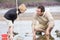 Father and son at beach fishing