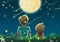 Father and Son in the Beautiful Night with Big Moon and Shooting Stars