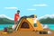Father and son camping in mountains and set up tent. Family travelling, active vacation, hiking, happy fatherhood and