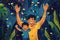 father and son celebrate together in beautiful blue and gold color scheme, joyful bond