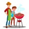 Father And Son Cooking Barbecue On The Grill Together Vector. Isolated Illustration