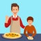 Father and Son Cooking Dinner Vector Illustration