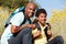 Father and son on country hike