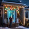 A father and son decorating the exterior of their house with colorful lights4