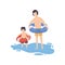 Father and Son Dressed in Inflatable Rubber Circles, Happy Dad and Son Enjoying Summer Vacation Vector Illustration