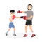 Father and son dressed in sportswear practicing punches at boxing training. Parent and child performing sports activity