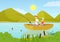 Father and son fishing in boat flat vector illustration. Daddy and teenage boy enjoying summer outdoor activity. Parent