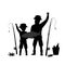 Father and son fishing cartoon vector illustration silhouette