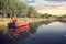 father and son with fishing rods fishing in a wooden boat