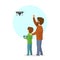 Father and son flying piloting a drone isolated vector illustration