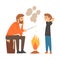 Father and Son Frying Marshmallows on Bonfire, Family Camping, Hiking, Summer Adventures, Active Recreation Vector