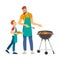 Father and son having a barbecue party in their garden. Happy family having barbecue party at summer garden. Leisure