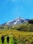 Father & son hiking up track to snowy mountain NZ