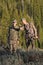 Father and son hunting together in woods