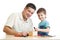 Father and son kid tinkering nesting box