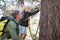 Father and son observing tree trunk in forest