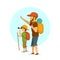 Father and son outdoors, boy and man camping hiking traveling with backpacks isolated cartoon vector illustration