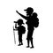 Father and son outdoors, boy and man camping hiking traveling with backpacks isolated cartoon vector illustration silhouette