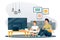 Father and son play in video game. Dad and little boy with gamepads. Vectorillustration. Family leisure and time at home