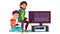 Father And Son Play Video Games Sitting Together Vector. Isolated Illustration