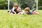 Father with son playing football on football pitch