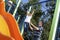 Father and son playing on monkey bars