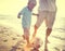 Father Son Playing Soccer Beach Summer Concept