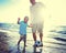 Father Son Playing Soccer Beach Summer Concept