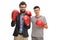 Father and son posing with boxing gloves