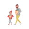 Father and son with shopping bags. Bearded man and little boy carrying paper bags with groceries. Flat vector