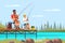 Father and son sitting on pier and fishing with rods. Family travelling, active vacation, hiking, happy fatherhood and