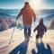 a father and son skiing down a mountain on a beautiful bluebird day
