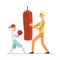 Father, son spending time together in gym on boxing workout vector illustration.