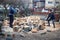 Father and son splitting wood