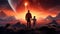 Father and son standing on fiery planet observing the cascading lava flows