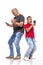 A father and son  standing  with a phones and emotionally plays  games or communicates on the Internet