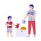 Father and son tidying up toys into box, cartoon vector illustration isolated.