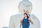 Father and son tourists on the Big Buddha statue. Was built on a high hilltop of Phuket Thailand Can be seen from a distance