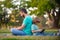 Father and son use laptop, dad and school boy child looking tablet. Outdoor distance learning.