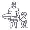 Father with son on vacation with surfing board vector line icon, sign, illustration on background, editable strokes