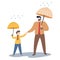 Father and son walk in the autumn rainy weather. Cartoon characters isolated on white background. Vector illustration.