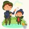 Father and son water fishing holding rod and bucket full fish, family kids vacation happy fathers day, dad with child