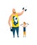 Father spend time with son. Dad goes in for sports with son, happy family concept. Fatherhood flat cartoon vector