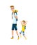 Father spend time with son. Dad and son go hiking with backpacks, happy family concept. Fatherhood flat cartoon vector