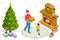 Father standing holding roasted turkey with vegetables on a platter. Christmas turkey. Thanksgiving dinner isometric