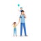 Father standing with kids flat vector illustration. Babysitter, young parent celebrating family holiday with children