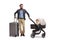 Father with a suitcase and his baby son in a stroller